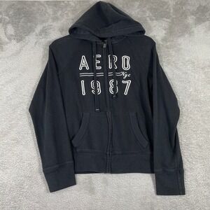 Aeropostale Hoodie Womens Medium Black Full‎ Zip Logo Mallcore Downtown Y2K